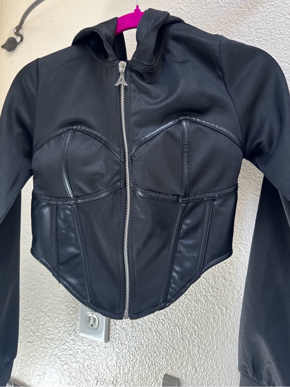 Manière De Voir Brune Black Corset Zip Hoodie Faux Leather NWT Sz 4 / UK 8